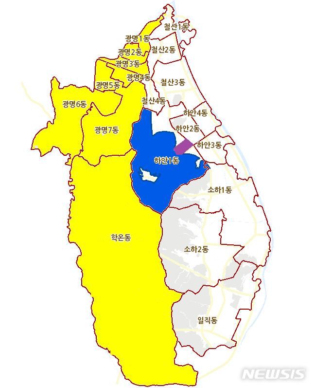 [광명=뉴시스] 광명시흥 공공주택지구 일대 토지거래허가구역 재지정 지역. 노란색 부분.(사진=광명시 제공)2024.02.28.photo@newsis.com