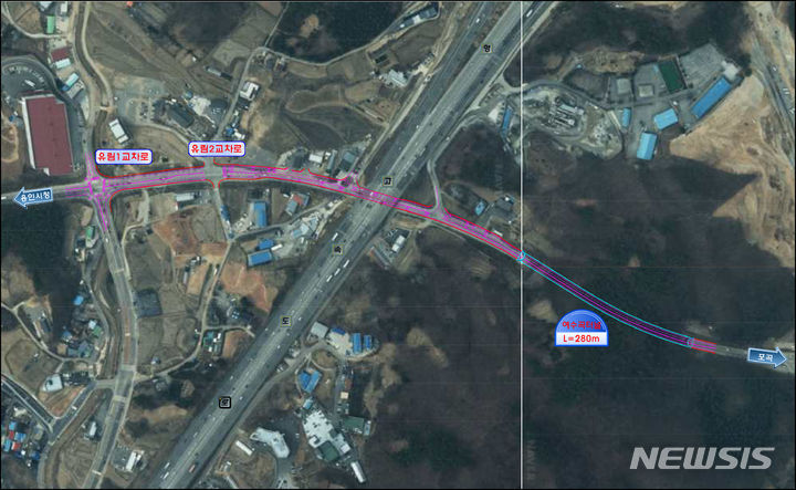 [용인=뉴시스] 1개 차로를 추가하는 여수곡터널~유림1교 구간 노선도. (용인시 제공)
