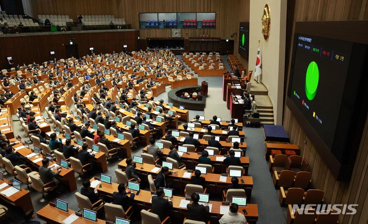 [서울=뉴시스] 고범준 기자 = 지난 2월29일 오후 서울 여의도 국회에서 열린 제413회국회(임시회) 제6차 본회의에서 정치자금법 일부개정법률안이 재적 297인, 재석 260인, 찬성 257인, 반대 0인, 기권 3인으로 가결되고 있다. 2024.02.29. bjko@newsis.com