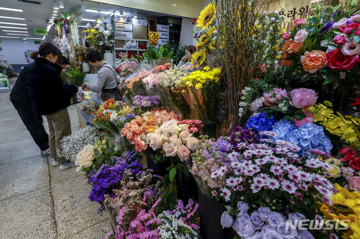 [서울=뉴시스] 정병혁 기자 = 꽃샘추위가 풀리고 평년기온을 회복한 3일 서울 서초구 양재꽃시장을 찾은 시민들이 꽃과 나무를 살펴보고 있다. 2024.03.03. jhope@newsis.com