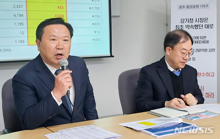 [광주=뉴시스] 류형근 기자 = 4일 오전 광주 서구 광주시의회 시민소통실에서 광주 최대 민간공원특례사업에 참여하고 있는 ㈜한양이 중앙공원 1지구 아파트를 3.3㎡(평)당 1990만원에 선분양 할 수 있다고 제안하고 있다. 2024.03.04. hgryu77@newsis.com