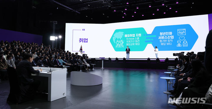 [광명=뉴시스] 조수정 기자 = 윤석열 대통령이 5일 경기 광명시 아이벡스스튜디오에서 '청년의 힘으로! 도약하는 대한민국!'을 주제로 열린 열일곱 번째 국민과 함께하는 민생토론회에서 방기선 국무조정실장과 최수지 문화체육관광부 청년보좌역의 2024 청년정책 추진계획 보고를 경청하고 있다. 2024.03.05. chocrystal@newsis.com