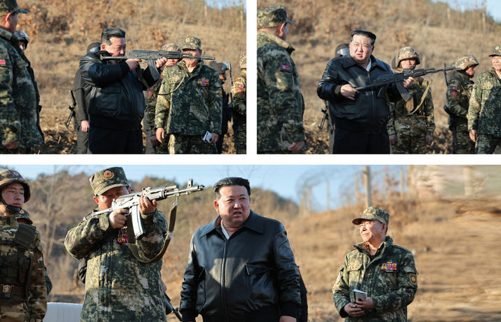 [서울=뉴시스] 7일 북한 노동당 기관지 노동신문은 김정은 국무위원장이 6일 북한군 서부지구 중요작전 훈련기지를 방문해 훈련시설들을 보고 부대들의 실동훈련을 지도했다고 보도했다. 사진은 김 위원장이 소총을 든 모습. 2024.03.07. (사진=노동신문 캡처) *재판매 및 DB 금지