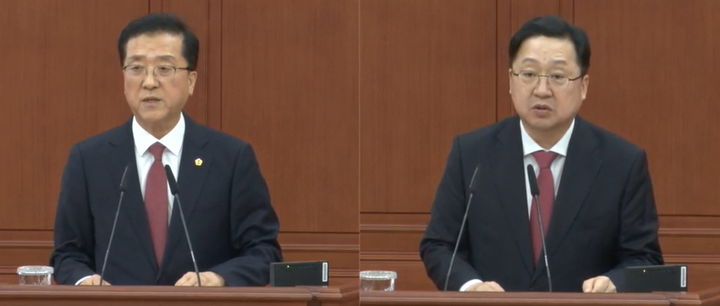 [대전=뉴시스] 조명휘 기자 =조원휘(국민의힘·유성구3·왼쪽) 대전시의원이 7일 제276회 임시회 제2차 본회의 시정질의에서 북대전IC 주변 환경 개선 필요성과&nbsp; 도룡동 공동관리아파트 부지 활용방안에 대해 질의하자 이장우 시장이 답변하고 있다. 2024.03.07. photo@newsis.com *재판매 및 DB 금지