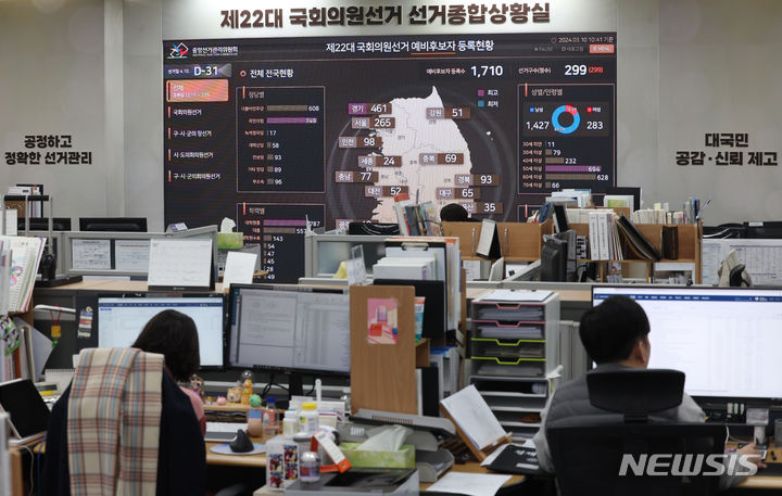 [과천=뉴시스] 김진아 기자 = 제22대 국회의원선거가 한 달여 앞으로 다가온 10일 경기도 과천 중앙선거관리위원회 선거종합상황실에서 직원들이 업무를 보고 있다. 2024.03.10. bluesoda@newsis.com