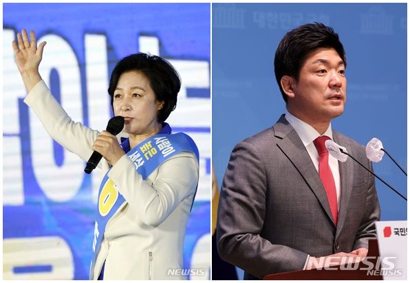 [서울=뉴시스] 4.10 총선 경기 하남갑에서 맞붙는 더불어민주당의 추미애 전 법무부 장관과 국민의힘의 이용 의원. 