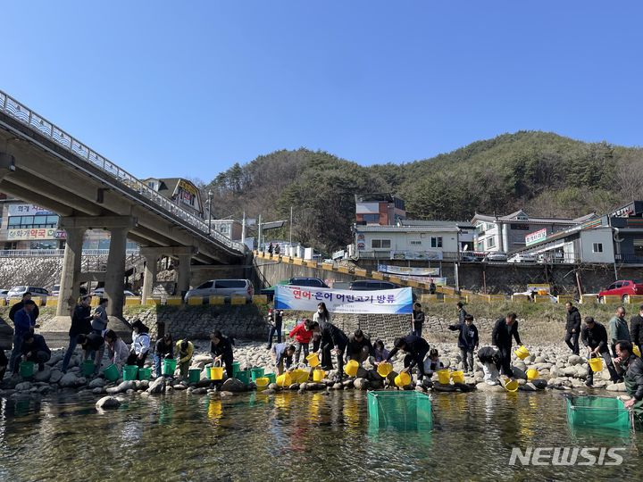 [창원=뉴시스]13일 경남 하동군 화개면 화개천에서 이철수 경남수산자원연구소장, 김구연 도의원, 백종철 하동군 부군수, 정영섭 군의원, 섬진강 토속어종 보존 회원, 화개초등학교 학생 등 30여 명이 연어·은어 어린고기를 방류하고 있다.(사진=경남수산자원연구소 제공)2024.03.13. photo@newsis.com