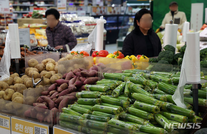 [서울=뉴시스] 고승민 기자 = 최근 채소, 과일값이 폭등하고 있는 가운데 농림축산식품부가 14일 13개 채소, 과일 유통업체 납품단가 지원규모를 289억원으로 확대하고 4월까지 소비자 할인지원 예산도 230억원을 투입하고 있다고 밝혔다. 송미령 장관은 이날 '농식품 비상수급 안정 대책회의'를 열고 이같이 밝혔다. 송 장관은 "농축산물 물가 안정을 통한 지속 가능한 생산과 소비를 위해 정부, 모든 경제주체가 힘을 모아 주시길 바란다"고 당부했다. 사진은 이날 서울의 한 대형마트에 진열된 채소코너 모습. 2024.03.14. kkssmm99@newsis.com
