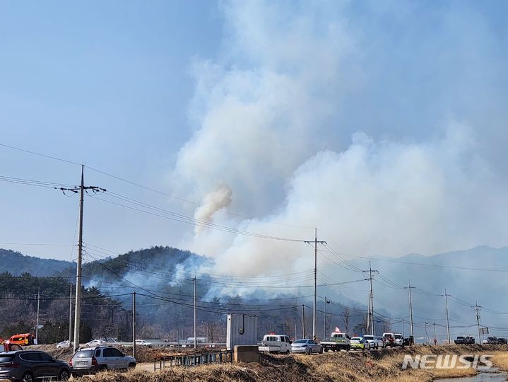 [영덕=뉴시스] 안병철 기자 = 15일 오후 1시2분께 경북 영덕군 병록면 각리리 한 야산에서 화재가 발생했다. (사진=영덕군 제공) 2024.03.15. photo@newsis.com