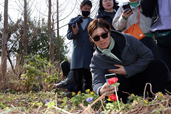 태안 팜카밀레에서 꽃 사진 찍는 장미란 차관.(사진=문화체육관광부 제공) photo@newsis.com *재판매 및 DB 금지