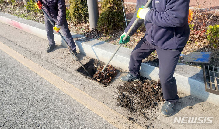 [광주=뉴시스] 도로 빗물받이 낙엽 청소. (사진=광주시청 제공). photo@newsis.com *재판매 및 DB 금지