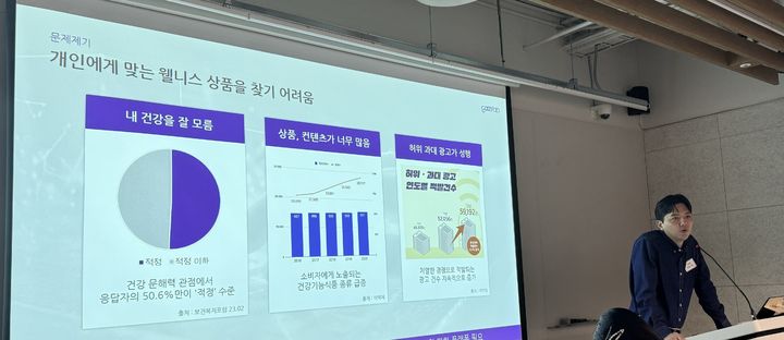 [서울=뉴시스] 윤정민 기자 = 카카오벤처스가 20일 오전 서울 강남구에서 '매일의 건강을 책임지는 KV웰니스 패밀리'를 주제로 연 브라운백 미팅에서 김영인 가지랩 대표가 '전국민 AI 건강 체크업'(가칭)을 소개하고 있다. 2024.03.20. alpaca@newsis.com *재판매 및 DB 금지