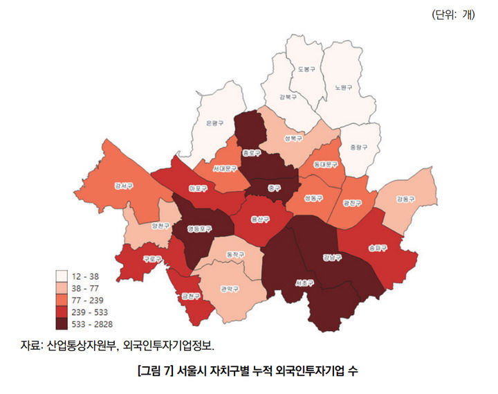 [서울=뉴시스]서울시 자치구별 누적 외국인투자기업 수. 2024.03.21. (자료=서울연구원 제공) *재판매 및 DB 금지