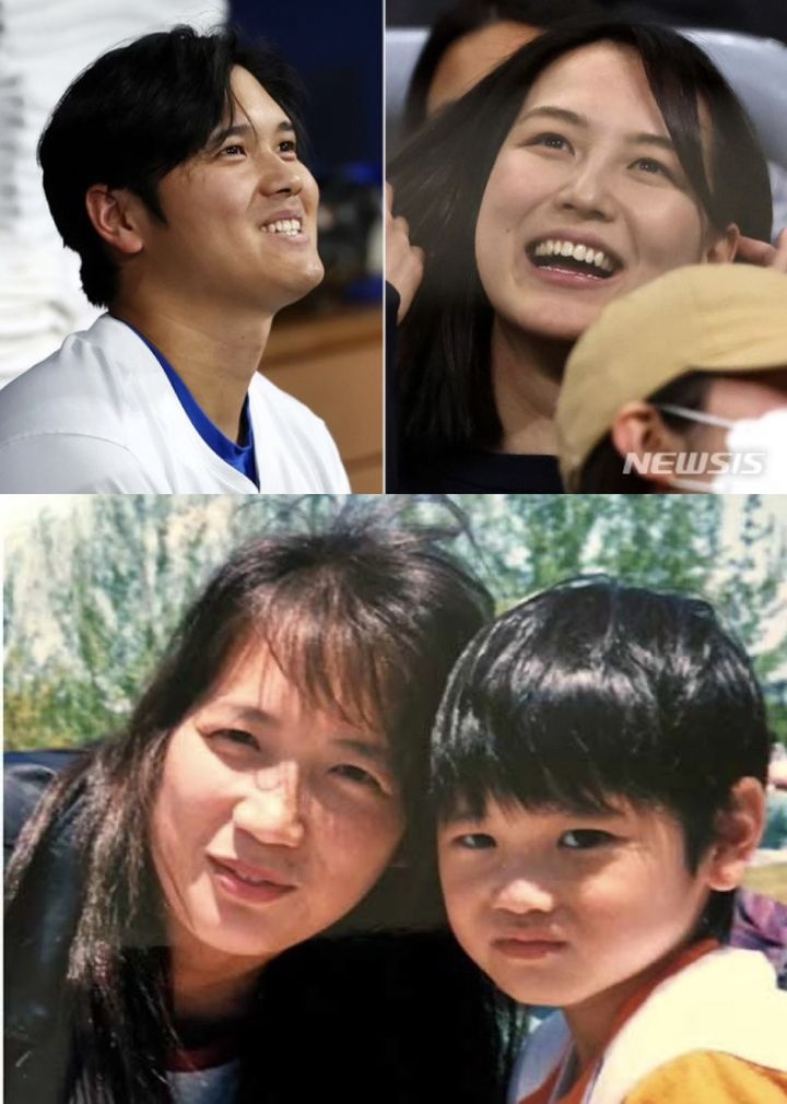 [서울=뉴시스] 한 엑스(X) 이용자가 야구 선수 오타니 쇼헤이와 그의 부인 다나카 마미코의 얼굴을 바꿔 합성한 사진이 화제다. 마미코는 오타니의 과거 사진 속 시어머니(카요코)의 젊은 시절과도 닮은 꼴로 많은 관심을 모으고 있다. <사진=뉴시스DB(윗쪽), X(아래쪽)> 2024.3.21. *재판매 및 DB 금지