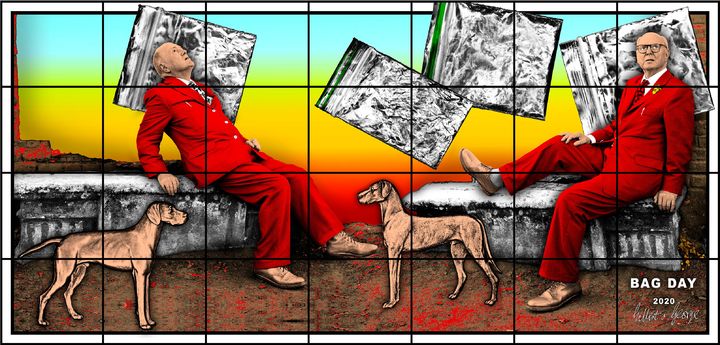 길버트와 조지, BAG DAY, 2020. 혼합 매체 (28개의 패널). 254 x 528 cm (100 x 207.87 in. Courtesy Thaddaeus Ropac gallery, London • Paris • Salzburg • Seoul© Gilbert & Georg *재판매 및 DB 금지