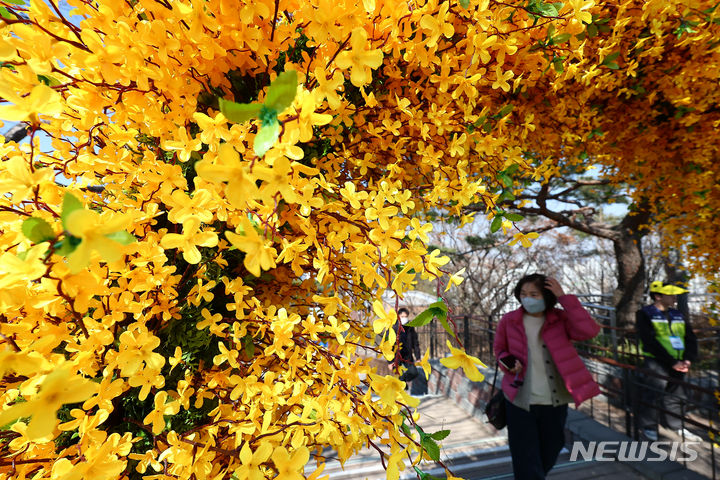 [서울=뉴시스] 김근수 기자 = 따뜻한 날씨를 보인 21일 오후 서울 성동구 응봉산에서 열린 2024 응봉산 개나리축제에서 시민들이 축제를 즐기고 있다. 2024.03.21. ks@newsis.com