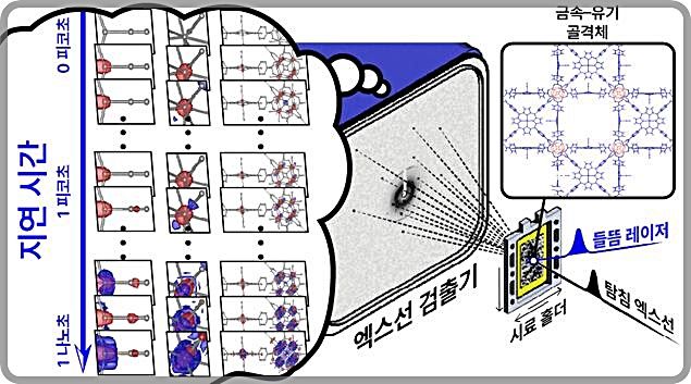 [대전=뉴시스] 금속–유기 골격체에 대한 시간분해 연속 펨토초 결정학 실험 구성도.(사진=IBS 제공) *재판매 및 DB 금지