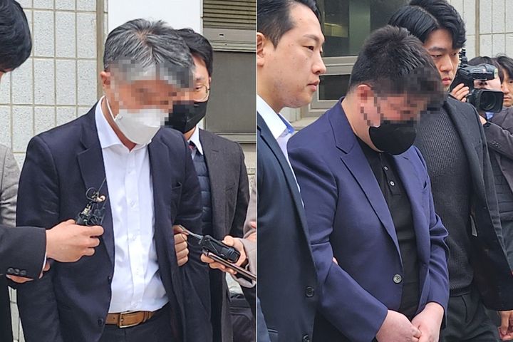 [서울=뉴시스] 장한지 기자 = 자본시장법 위반 등 혐의를 받는 유진투자증권 전 이사 A씨와 에스에프시 실소유주 B씨가 26일 오후 서울남부지법에서 열린 구속 전 피의자 심문(영장실질심사)을 받고 법원 청사를 나오고 있다. hanzy@newsis.com *재판매 및 DB 금지