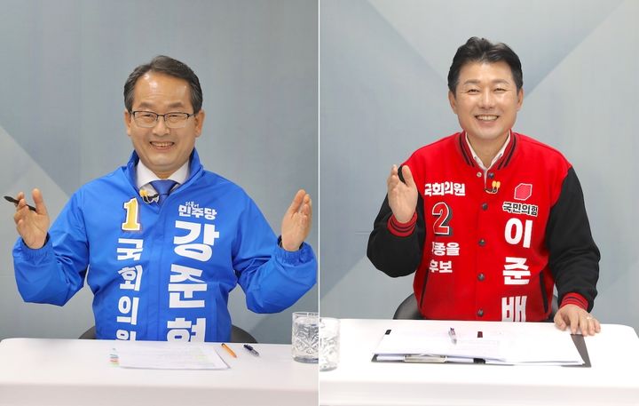 [세종=뉴시스] 송승화 기자 = 설명하는 (왼쪽) 강준현 더불어민주당 후보와 이준배 국민의힘 세종 을 선거구 후보가 세종시출입기자단 초청 토론회에서 자신들 주장을 이야기하고 있다. 2024.03.27. ssong1007@newsis.com *재판매 및 DB 금지