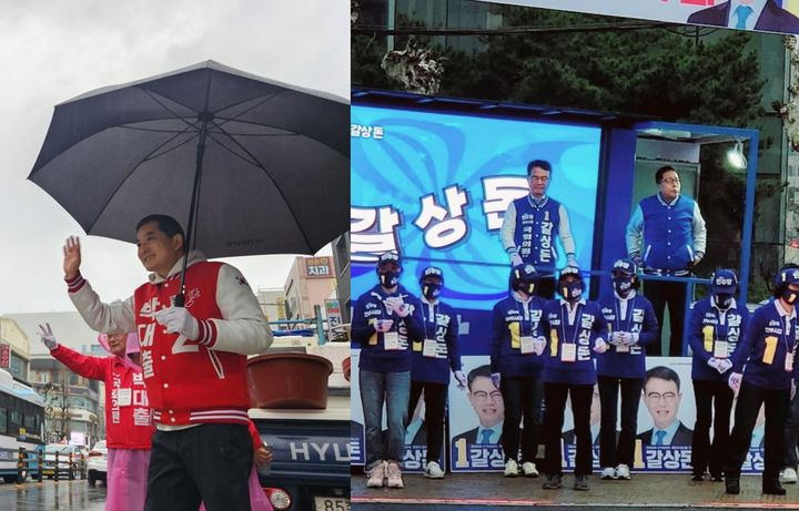 [진주=뉴시스] 4·10 총선을 향한 본격적인 선거운동이 시작된 28일 경남 진주갑에 출마한 국민의힘 박대출 후보와 더불어민주당 갈상돈 후보가 출근길 인사를 하고있다.2024.03.28.jkgyu@newsis.com *재판매 및 DB 금지