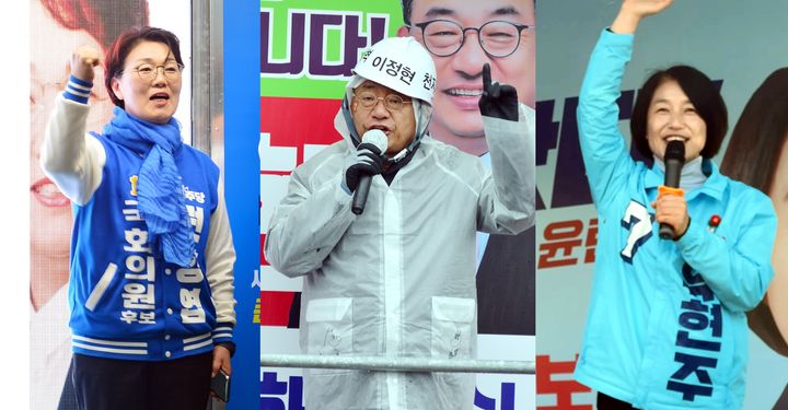 [광양=뉴시스] 김석훈 기자 = 제22대 총선 순천광양곡성구례을 선거구에 출마한 더불어민주당 권향엽·국민의힘 이정현·진보당 유현주 후보가 유세차에 올라 지지를 호소하고 있다. 2024.03.30. kim@newsis.com *재판매 및 DB 금지