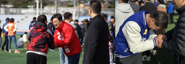 국민의힘 권성동 후보와 더불어 민주당 김중남 후보가 유권자를 상대로 한표를 부탁하고 있다. 각 후보 사무소 제공 *재판매 및 DB 금지