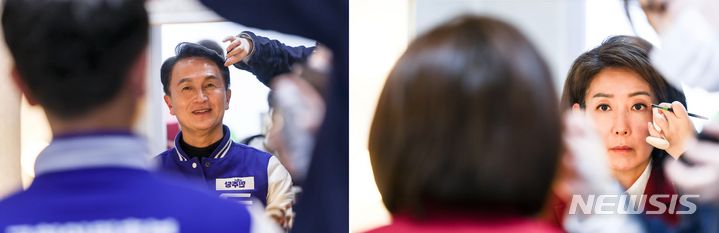 [서울=뉴시스] 정병혁 기자 = 제22대 국회의원 선거 서울 동작구을에 출마한 류삼영 더불어민주당 후보와 나경원 국민의힘 후보가 1일 서울 서초구 한국세무사회에서 열린 제22대 국회의원 선거 후보자 토론회에 앞서 준비를 하고있다. 2024.04.01. jhope@newsis.com