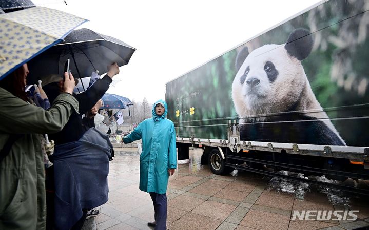 [용인=뉴시스] 사진공동취재단 = 3일 오전 경기도 용인시 에버랜드에서 시민들이 중국으로 떠나는 푸바오를 싣고 있는 무진동 특수 차량을 보며 배웅하고 있다. 2024.04.03. photo@newsis.com