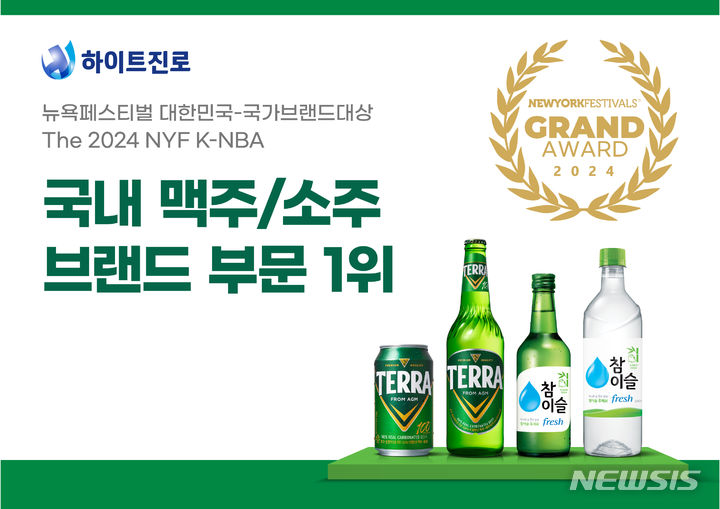 [서울=뉴시스] 하이트진로 테라와 참이슬이 대한민국 국가 브랜드 대상서 1위를 수상했다. (사진=하이트진로 제공)