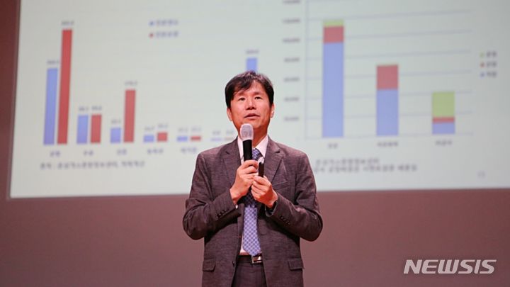 [부천=뉴시스]정일형 기자 = 이창훈 원장은 가톨릭대학교에서 ‘기후 위기의 심각성과 탄소중립의 중요성’에 대해 강의를 하고 있다. (사진은 가톨릭대 제공)