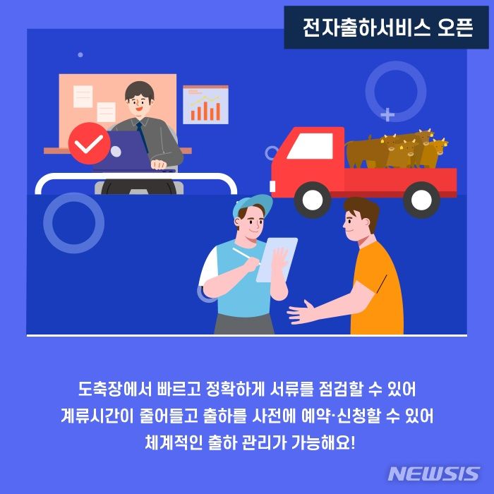 [세종=뉴시스]축산물품질평가원은 도축 현장의 업무 편의 증진을 위한 '스마트 전자출하 시스템'을 구축한다고 5일 밝혔다.스마트 전자출하 시스템은 소·돼지 출하 신청 절차를 전산화하고 도축단계의 행정업무를 간소화할 수 있는 서비스를 제공한다.(인포그래픽=축평원 제공)