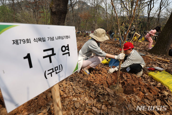 [서울=뉴시스] 김명년 기자 = 식목일인 5일 오후 서울 노원구 불암산 천수텃밭에서 열린 제79회 식목일 기념행사에서 어린이가 나무를 심고 있다. 2024.04.05. kmn@newsis.com