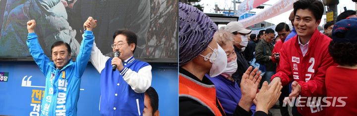 [의정부=뉴시스] 이재명 더불어민주당 대표와 유세전을 펼치고 있는 포천·가평 선거구 박윤국 후보(왼쪽). 시민들을 만나고 있는 국민의힘 김용태 후보(오른쪽). (사진=각 후보 캠프 제공) 2024.04.07 photo