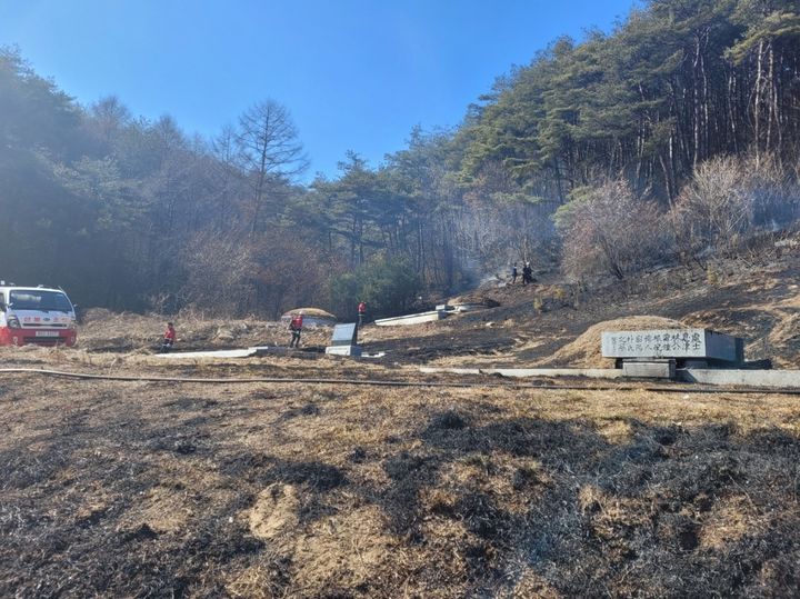 [장흥=뉴시스] 10일 오후 2시 19분께 전남 장흥군 회진면 진목리 한 야산 내 묘지에서 불이 나 산림 당국에 의해 50분 만에 꺼졌다. (사진=산림청 제공) 2024.04.10. photo@newsis.com *재판매 및 DB 금지