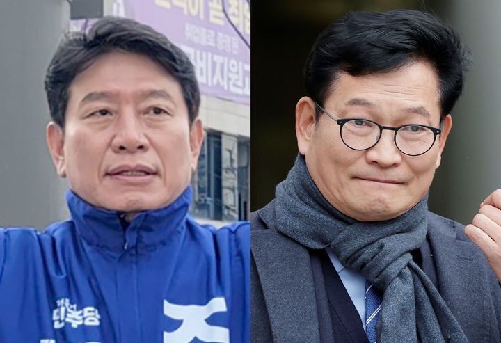 22대 국회의원 총선거 광주 서구갑에 출마한 조인철 더불어민주당 후보(왼쪽)와 송영길 소나무당 대표. *재판매 및 DB 금지