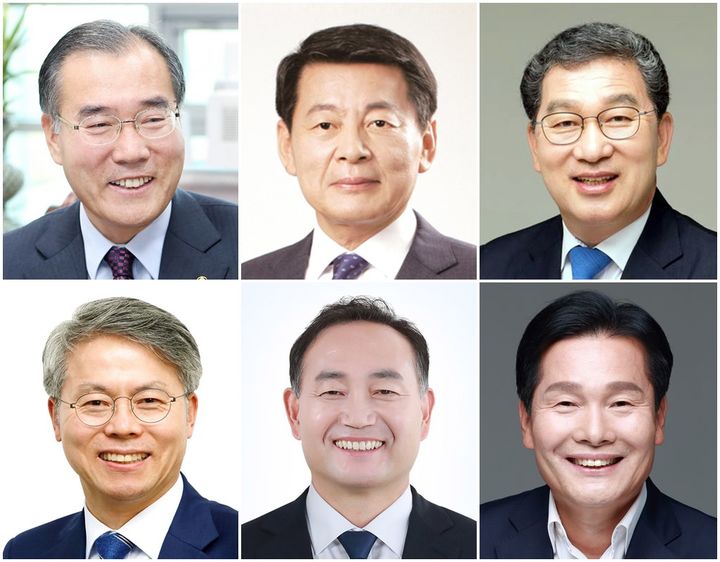 제22대 총선에서 생환한 광주·전남 현직 의원들. (위) 왼쪽부터 이개호, 서삼석, 신정훈 의원. (아래) 왼쪽부터 민형배, 김원이, 주철현 의원 *재판매 및 DB 금지