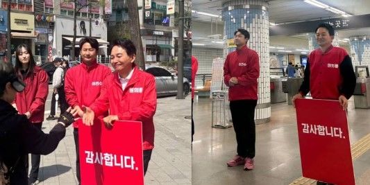 12일 오전 인천지하철 1호선 임학역 개찰구 앞에서 원희룡 전 국민의힘 인천 계양을 후보와 이천수 후원회장이 출근길 시민들에게 ‘낙선인사’를 전했다.(사진= 원희룡 페이스북 갈무리) *재판매 및 DB 금지