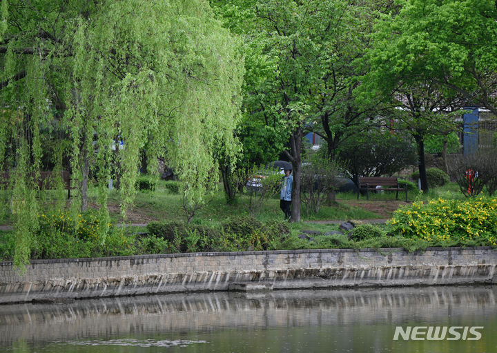 [광주=뉴시스] 박기웅 기자 = 비가 내리는 10일 오전 광주 북구 용봉동 전남대학교 캠퍼스에서 한 학생이 우산을 쓴 채 길을 걷고 있다. 2024.04.15. pboxer@newsis.com