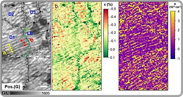 [대전=뉴시스] 그림 a는 구리 박막 위에 합성된 그래핀의 라만 피크(G밴드) 이동 분포도에 대한 이미지고 b는 동일 영역의 그래핀 응력 분포도, c는 도핑 분포도에 대한 이미지다.(사진=KBSI 제공) *재판매 및 DB 금지