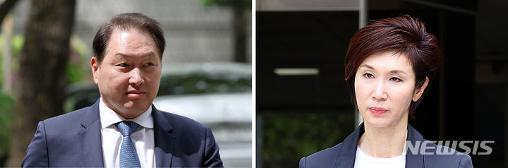 최태원(왼쪽사진) SK그룹 회장이 16일 오후 서울 서초구 서울고등법원에서 열린 최태원-노소영 이혼 소송 항소심 2차 변론에 출석하고 있다. 노소영 아트센터 나비 관장이 변론을 마친 뒤 법원을 나서고 있다.2024.04.16.