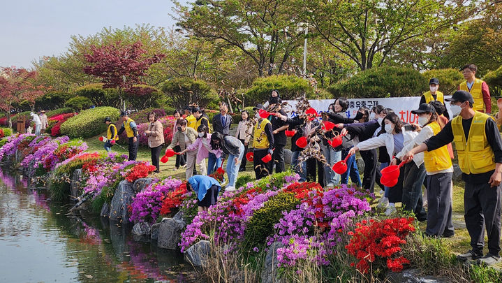 [서산=뉴시스] 17일 서산시민들이 중앙호수공원에서 깔따구 등 위생해충을 잡기 위해 미꾸라지를 방류하고 있다. (사진=서산시 제공) 2024.04.18. photo@newsis.com *재판매 및 DB 금지
