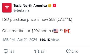 [서울=뉴시스]테슬라가 완전자율주행(FSD·풀 셀프 드라이빙) 기술 구매 가격을 종전 1만2000달러에서 30%내린 8000달러에 판매한다고 알렸다.(사진=엑스 캡처) *재판매 및 DB 금지