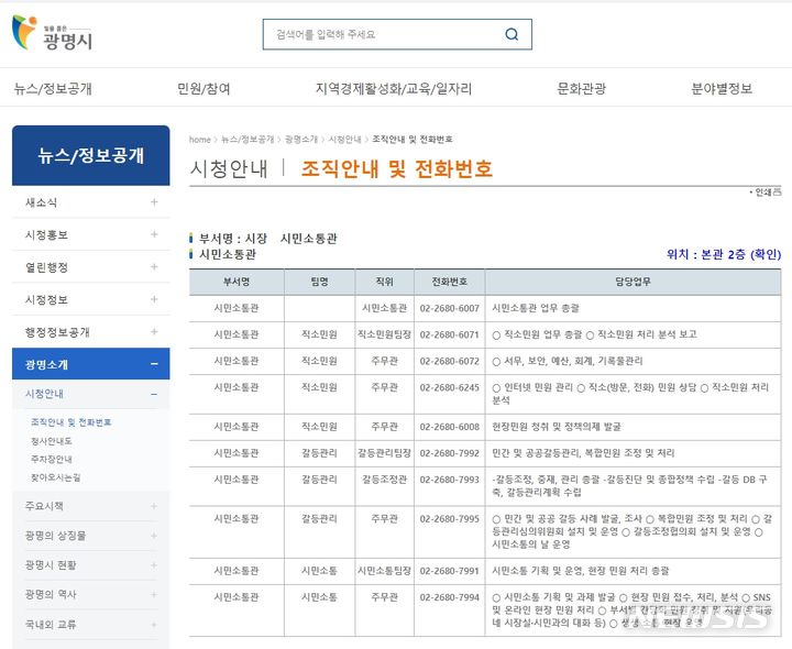 [문영호=뉴시스] 광명시청 누리집. 직원명은 사라지고 부서와 팀 명칭만 남아 있다.(사진=광명시 제공)2024.04.23.photo@newsis.com