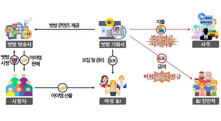 [세종=뉴시스] 국세청이 시청자를 속이고 '큰손'인 척 인터넷방송진행자(BJ)에게 수억 원을 후원하는 등 바람잡이 역할을 한 성인방송사, 기획사, BJ 등 12건에 대한 탈세 조사에 착수했다. (자료 = 국세청 제공) 2024.04.23.  *재판매 및 DB 금지