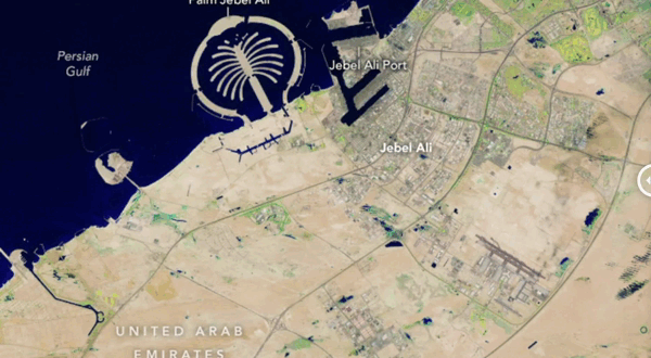 [서울=뉴시스] 건조한 사막 기후인 아랍에미리트(UAE) 두바이에 기록적인 폭우가 쏟아진 후 곳곳에 남은 '물바다'가 나사 인공위성에 포착됐다 (사진='NASA' 제공) *재판매 및 DB 금지