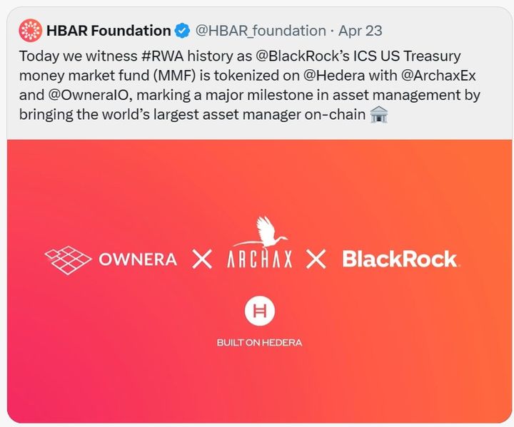 [서울=뉴시스] 헤데라가 공식 X를 통해 블랙록과 협업 사실을 연상시키는 사진을 게시했다. (사진=헤데라 공식 X 캡처) 2024.04.25 *재판매 및 DB 금지