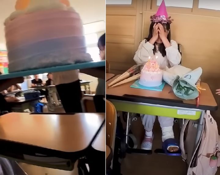 [서울=뉴시스] 네 번의 수술을 받고 한 달 만에 학교로 돌아온 학생을 위해 깜짝 파티를 준비한 학급 친구들의 모습이 온라인서 화제가 되고 있다. (사진=창용쌤 글씨교실 유튜브) *재판매 및 DB 금지