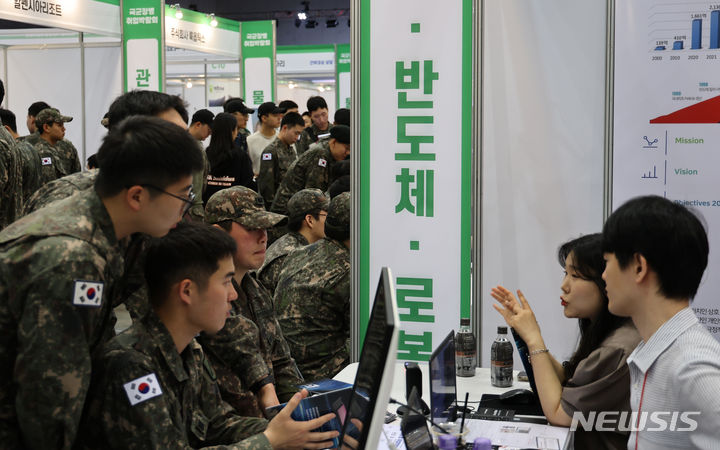 [고양=뉴시스] 김금보 기자 = 29일 경기도 고양시 킨텍스에서 열린 '2024년 국군장병 취업박람회'에서 장병들이 인사담당자의 설명을 듣고 있다. 2024.04.29. kgb@newsis.com