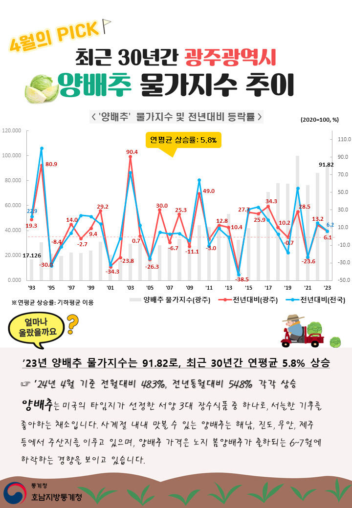 최근 30년간 광주광역시 양배추 물가지수 추이. (그래픽=호남지방통계청 제공) 2024.05.02. photo@newsis.com *재판매 및 DB 금지