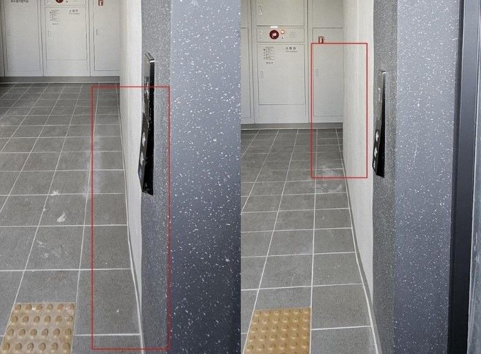 [서울=뉴시스] 그러나 문제는 외부뿐만이 아니다. 그는 “타일이랑 벽 라인 보면 수직과 수평이 안 맞는다”고 지적했다(사진= 보배드림 갈무리) *재판매 및 DB 금지